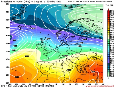 Modello GFS elaborato dal nostro Centro di Calcolo - Temperature a 850 hPa alle 00Z del 04 febbraio 2016 