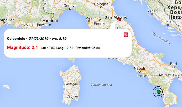 Terremoto oggi Marche, 31 gennaio 2016 scossa M 2.1 provincia di Pesaro e Urbino - dati INGV