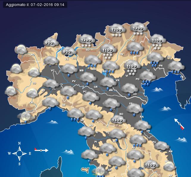 Precipitazioni previste in serata sul Nord Italia