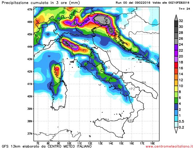 Precipitazioni attese in serata dal modello GFS sull'Italia