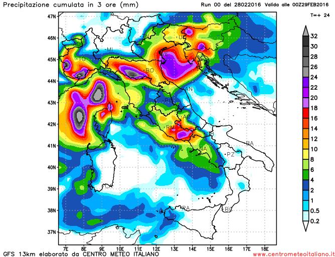 Precipitazioni attese in serata dal modello GFS sull'Italia