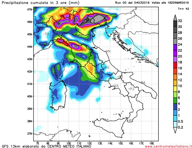 Fenomeni previsti domani dal modello GFS sull'Italia