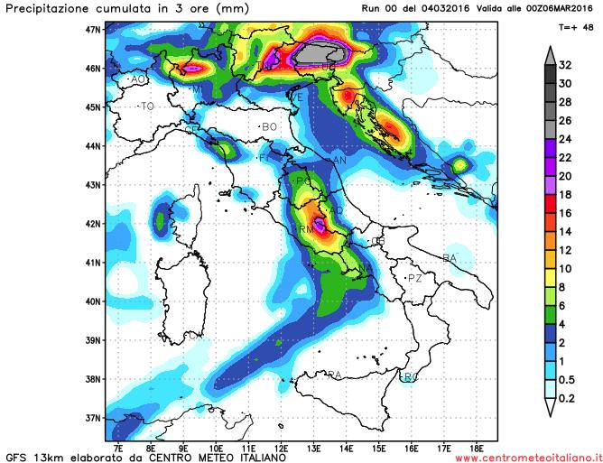 Precipitazioni previste dal modello GFS per la sera di domani al Centro Italia