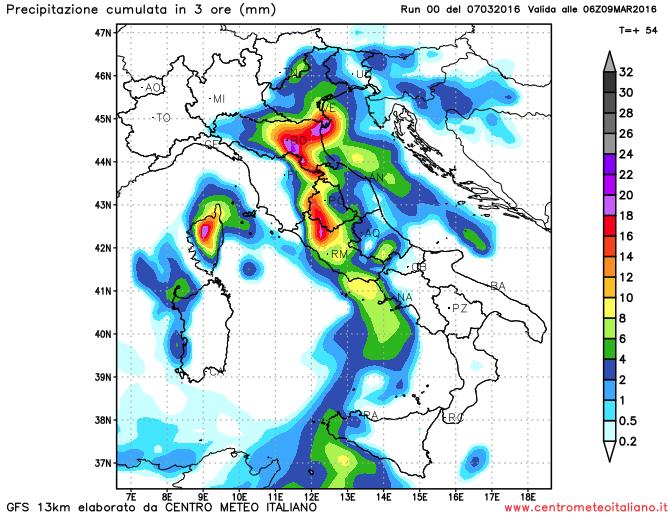 Fenomeni previsiti domani dal modello GFS sull'Italia