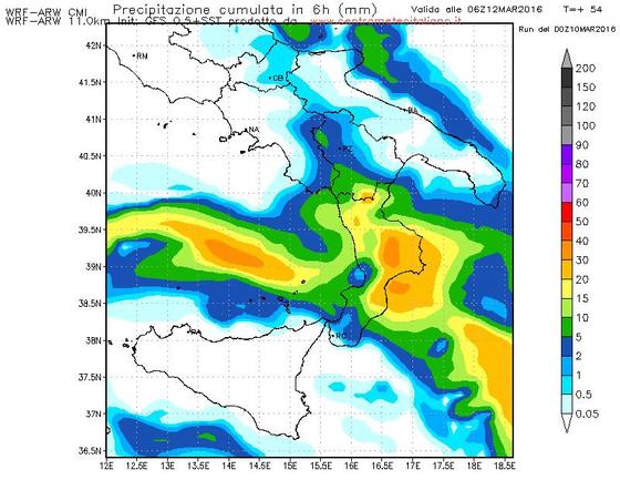 Precipitazioni previste dal modello WRF del Centro Meteo Italiano per la notte di domani