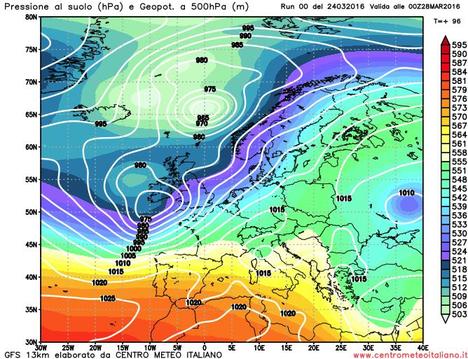 Perturbazione vista da GFS in transito sull'Italia tra Pasqua e Pasquetta