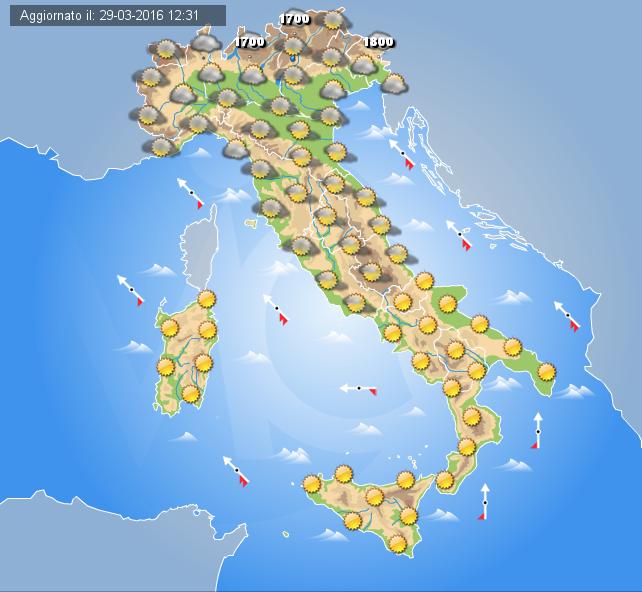 Tempo in atto: nuvolosità in transito sull'Italia specie al Nord con locali deboli piogge