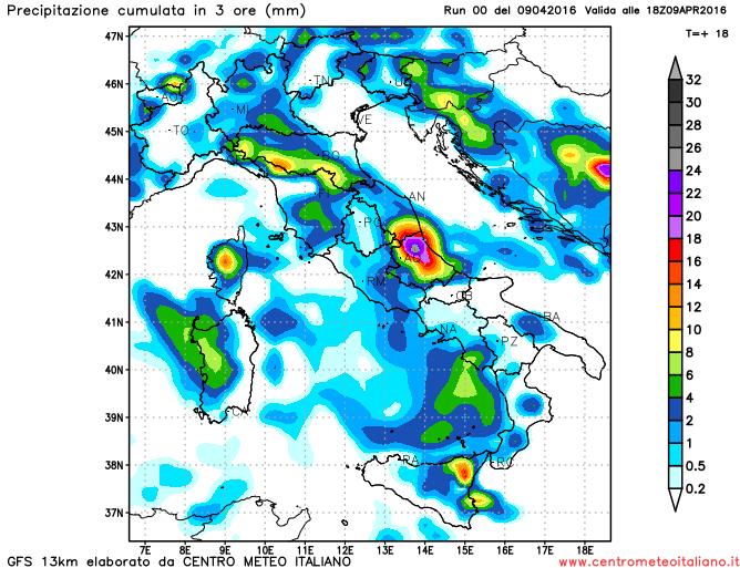 Precipitazioni previste nel pomeriggio odierna dal modello GFS sull'Italia Precipitazioni previste nel pomeriggio odierna dal modello GFS sull'Italia