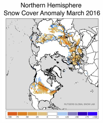 Anomalie della copertura nevosa sull'emisfero Nord nel mese di Marzo 2016 - nsidc.org Anomalie della copertura nevosa sull'emisfero Nord nel mese di Marzo 2016 - nsidc.org