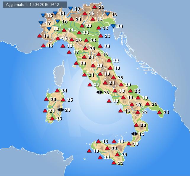Temperature massime previste per la giornata di oggi sull'Italia Temperature massime previste per la giornata di oggi sull'Italia