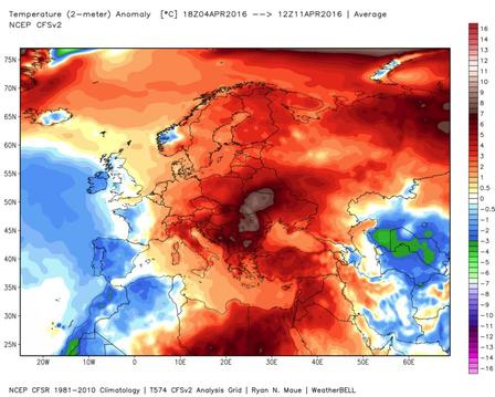 Caldo anomalo sull'Italia e gran parte dell'Europa nella prima decade di Aprile - weatherbell.com