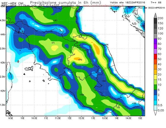 Precipitazioni previste sul Centro Italia dal modello GFS per il pomeriggio di Sabato Precipitazioni previste sul Centro Italia dal modello GFS per il pomeriggio di Sabato
