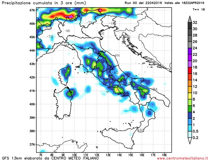 Precipitazioni previste dal modello GFS per il pomeriggio di oggi sull'Italia