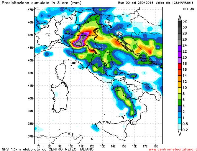 Precipitazioni previste dal modello GFS per la mattina di domani sull'Italia Precipitazioni previste dal modello GFS per la mattina di domani sull'Italia