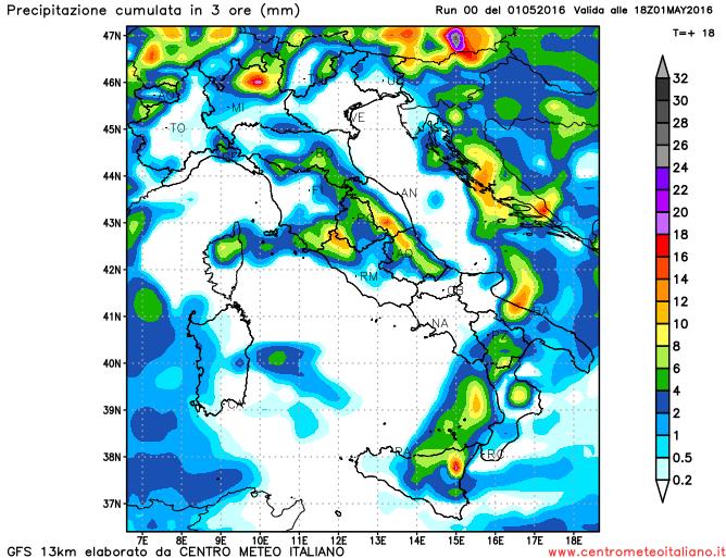 Precipitazioni previste dal modello GFS per il pomeriggio sull'Italia Precipitazioni previste dal modello GFS per il pomeriggio sull'Italia