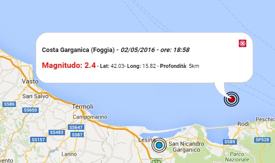 Terremoto oggi Puglia, 2 maggio 2016 evento di M 2.4 distretto Costa Garganica e scossa M 2.1 in provincia di Matera - Dati Ingv