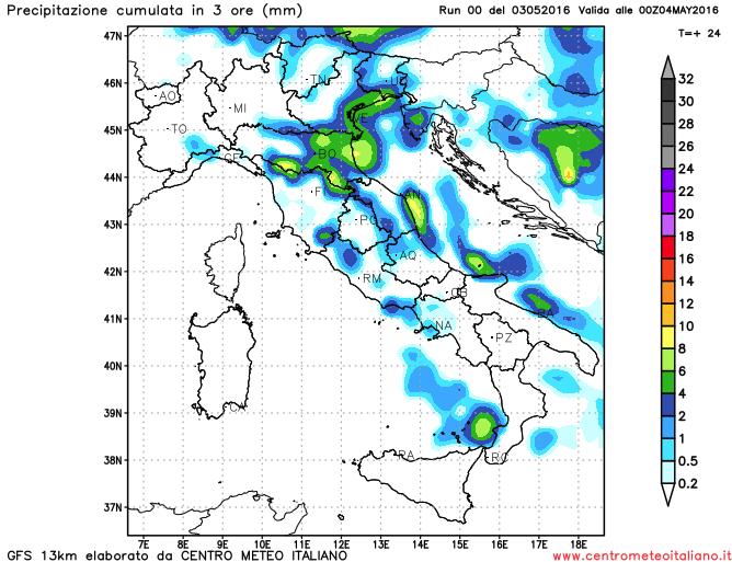 Precipitazioni previste in serata dal modello GFS sull'Europa