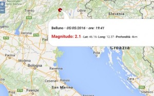 Terremoto oggi Veneto, 5 maggio 2016: scossa M 2.1 in provincia di Belluno - Dati Ingv