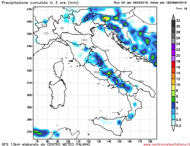 Acquazzoni e rovesci previsti dal modello GFS nel pomeriggio odierno sull'Italia Acquazzoni e rovesci previsti dal modello GFS nel pomeriggio odierno sull'Italia