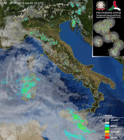 Radar Protezione Civile: piogge su Sardegna, Sicilia e localmente su zone interne