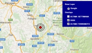 Terremoto oggi Umbria 10 maggio 2016 scossa M 2.6 provincia di Perugia - Dati Ingv