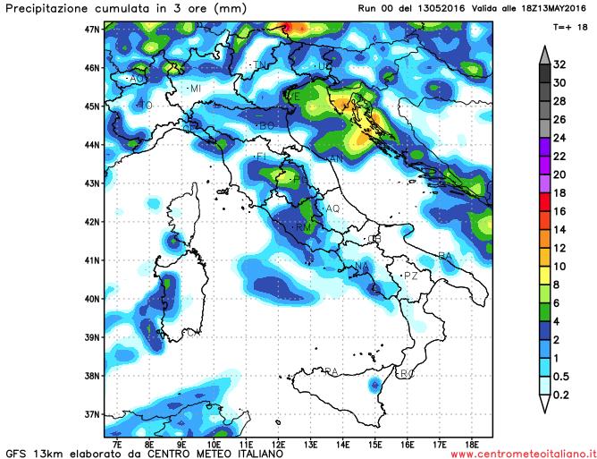 Precipitazioni previste nel pomeriggio odierno dal modello GFS sull'Italia Precipitazioni previste nel pomeriggio odierno dal modello GFS sull'Italia