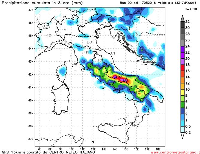 Piogge e temporali previsti dal modello GFS per il pomeriggio odienrno sull'Italia Piogge e temporali previsti dal modello GFS per il pomeriggio odienrno sull'Italia