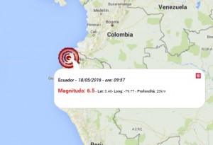 Terremoto Ecuador 18 maggio 2016, violenta scossa M 6.7 sulla costa - Dati Ingv