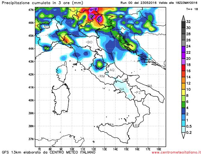 Precipitazioni previste per il pomeriggio odierno sull'Italia dal modello GFS Precipitazioni previste per il pomeriggio odierno sull'Italia dal modello GFS