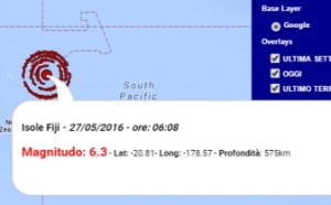 Terremoto Isole Fiji 27 maggio 2016 forte scossa M 6.3 - Dati Ingv
