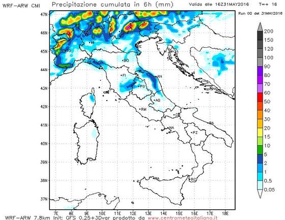 Precipitazioni previste nel pomeriggio odierno dal modello WRF del Centro Meteo Italiano