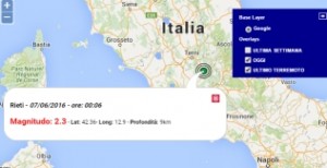 Terremoto oggi Lazio 7 giugno 2016 scossa M 2.3 nei pressi di Rieti - Dati Ingv