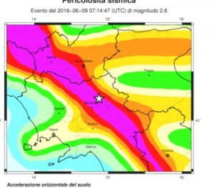 Terremoto Benevento - La mappa della pericolosità sismica della Campania, con l'epicentro dei sismi odierni registrati nel beneventano - Fonte: Ingv