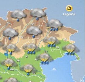 Maltempo sul Nord Est Italia - la mappa previsionale relativa al pomeriggio di oggi, a cura del Centro Meteo Italiano