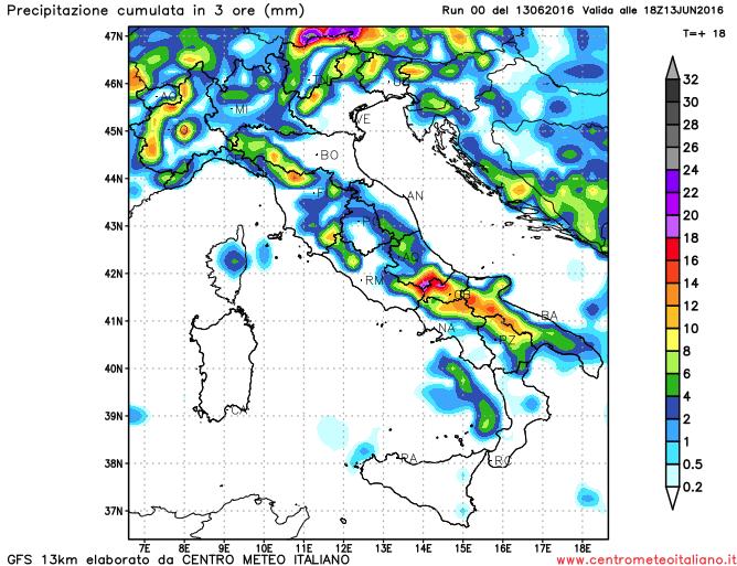 Piogge previste nel pomeriggio di oggi sull'Italia dal modello GFS