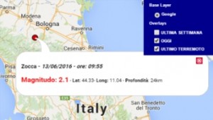 Terremoto oggi Emilia Romagna 13 giugno 2016 scossa M 2.1 provincia di Modena - Dati Ingv