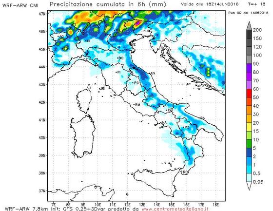 Precipitazioni previste dal modelli WRF del Centro Meteo Italiano per il pomeriggio odierno Precipitazioni previste dal modelli WRF del Centro Meteo Italiano per il pomeriggio odierno