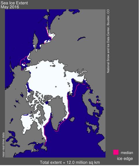 Mese di Maggio 2016 con estensione del ghiaccio Artico che ha fatto segnare un nuovo record di estensione minima mensile - nsidc.org Mese di Maggio 2016 con estensione del ghiaccio Artico che ha fatto segnare un nuovo record di estensione minima mensile - nsidc.org