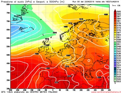 Analisi modelli Gfs 00Z di oggi 22 giugno 2016 - rielaborazione grafica CMI