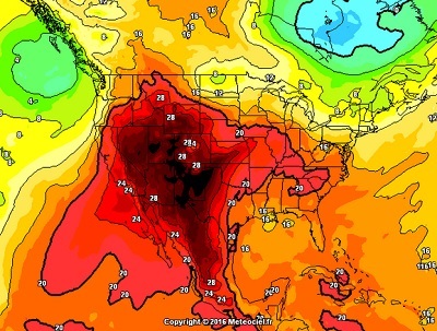Ondata di caldo record record sugli USA dove le temperature a 850 hPa salgono anche oltre i +30°C