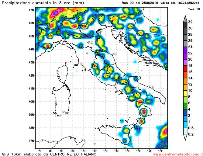 Piogge e temporali pomeridiani previsti dal modello GFS sull'Italia