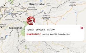 Terremoto Tagikistan 26 giugno 2016: forte scossa M 6.4 - Dati Ingv