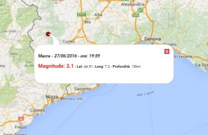 Terremoto oggi Piemonte, 27 giugno 2016: scossa M 2.1 in provincia di Cuneo - Dati Ingv