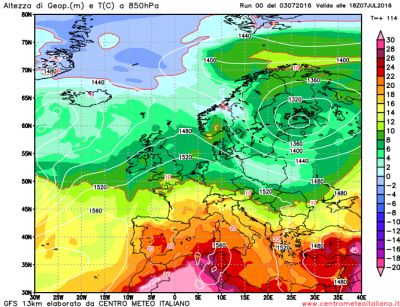 Mappa delle termihce attese entro le 120 ore, GFS 00Zelaborazione grafica CMI