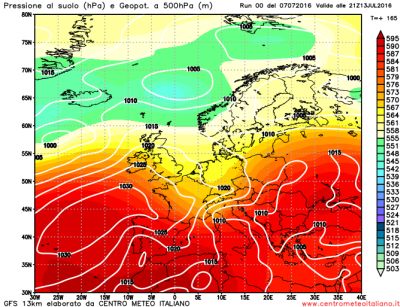 Previsione altezza geopotenziale e pressione al suolo di mercoledì 13 luglio - elaborazione grafica CMI, GFS00Z