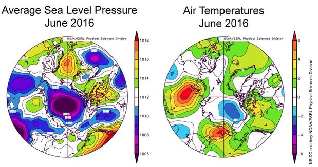Pressione e temperature sull'Artico per il mese di giugno 2016 - nsidc.org