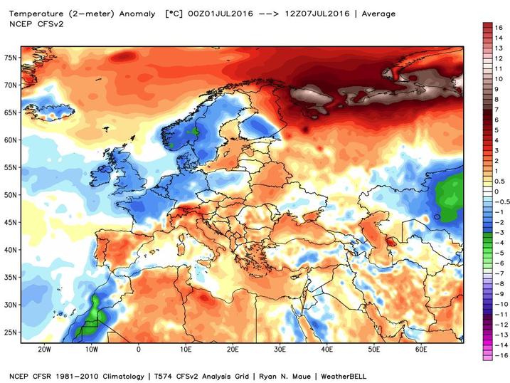 Clima caldo nella prima settimana di luglio 2016, temperature sopra media sull'Italia da 1 a 3 gradi - models.weatherbell.com Clima caldo nella prima settimana di luglio 2016, temperature sopra media sull'Italia da 1 a 3 gradi - models.weatherbell.com