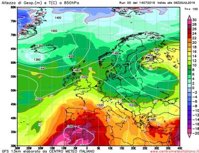 Mappa che rappresenta i valori delle isoterme all'altezza di 850 hPa per il 20 luglio 2016, Elaborazione grafica RUN GFS 00Z CMI