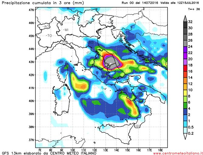 Precipitazioni previste per la mattina di domani sull'Italia dal modello GFS Precipitazioni previste per la mattina di domani sull'Italia dal modello GFS