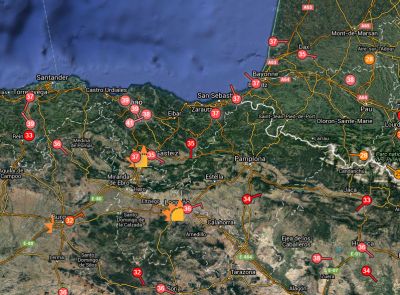 Le temperature registrate poco fa sui Paesi Baschi, valori ben oltre la media stagionale oggi 18 luglio 2016 - fonte: wunderground.com
